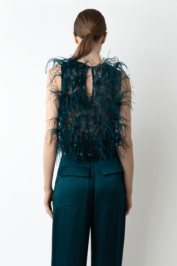 Sally Lapointe Cascading Feather Embellished Cropped Tank
