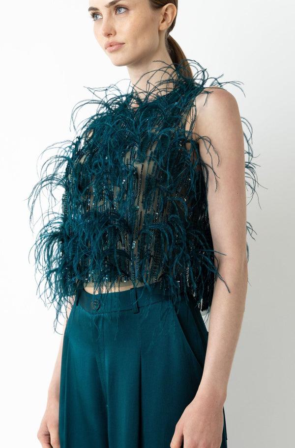 Sally Lapointe Cascading Feather Embellished Cropped Tank