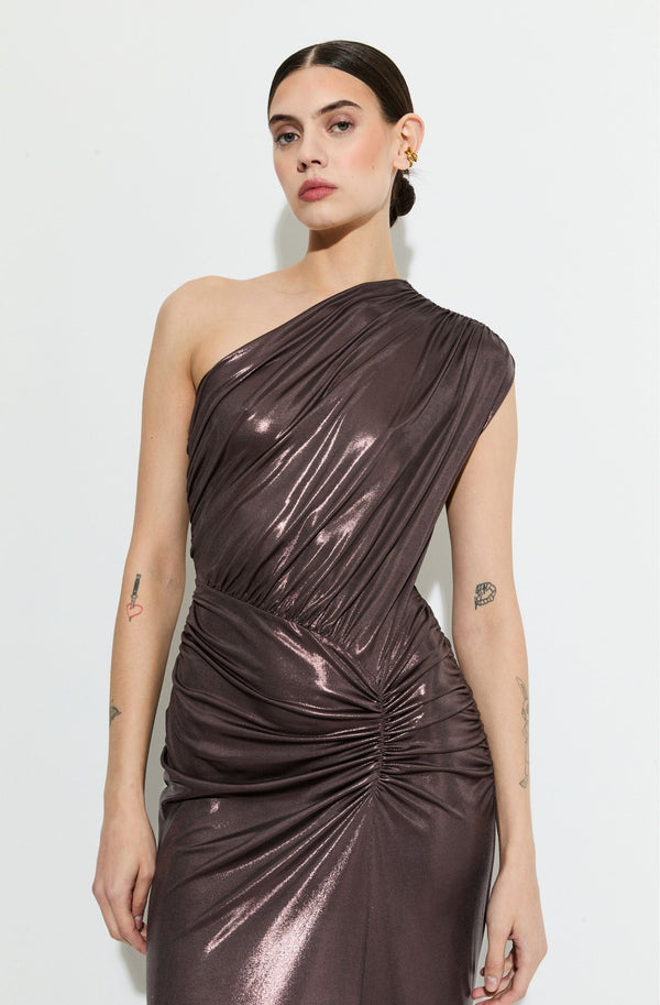 Sally Lapointe Coated Jersey One Shoulder Ruched Dress