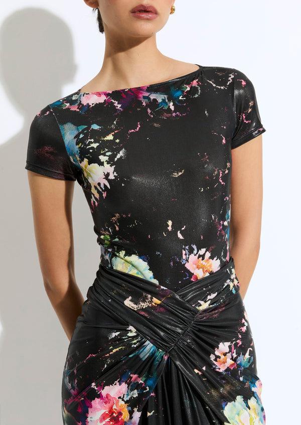 Sally Lapointe Floral Jersey Short Sleeve Boatneck Bodysuit