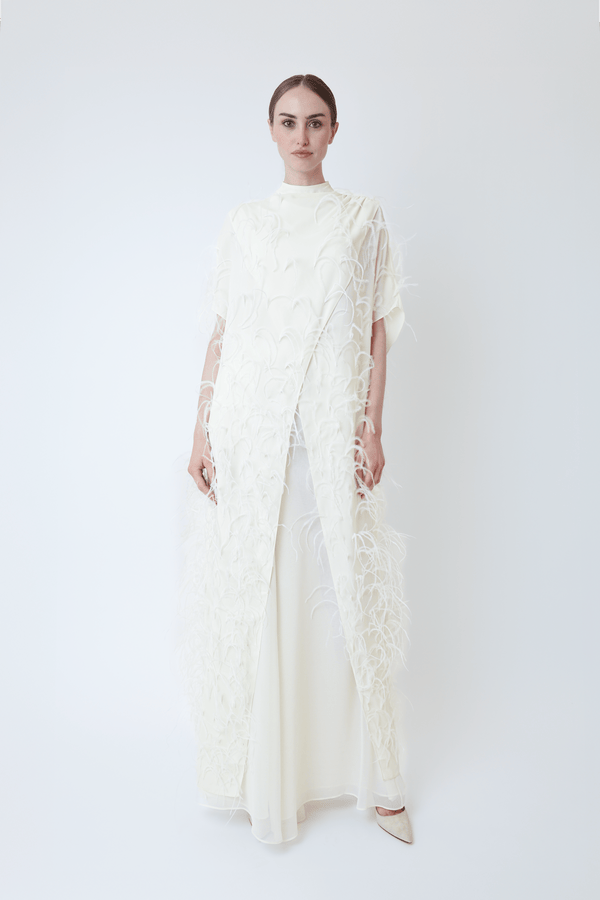 sally lapointe Georgette Mock Neck Maxi Top With Feathers