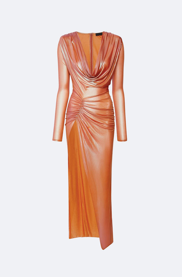 Sally Lapointe Iridescent Coated Jersey Cowl Neck Slit Gown