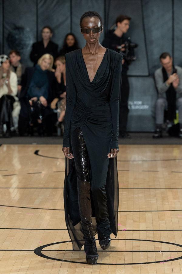 Sally Lapointe Jersey Cowl Neck Slit Gown With Georgette Cape