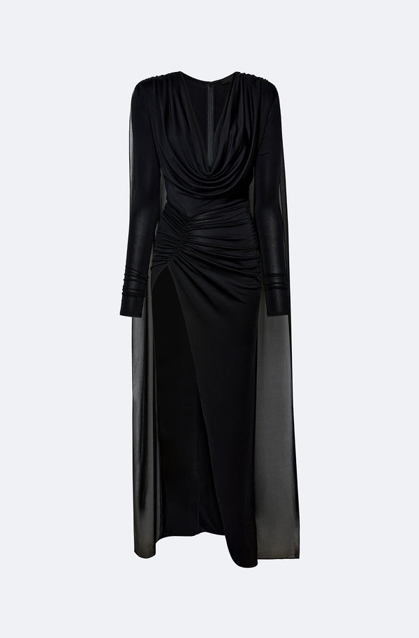 Sally Lapointe Jersey Cowl Neck Slit Gown With Georgette Cape