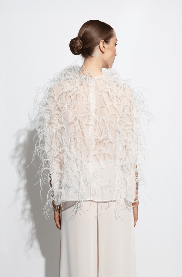 Sally Lapointe Lightweight Georgette Cape Tee With Feathers