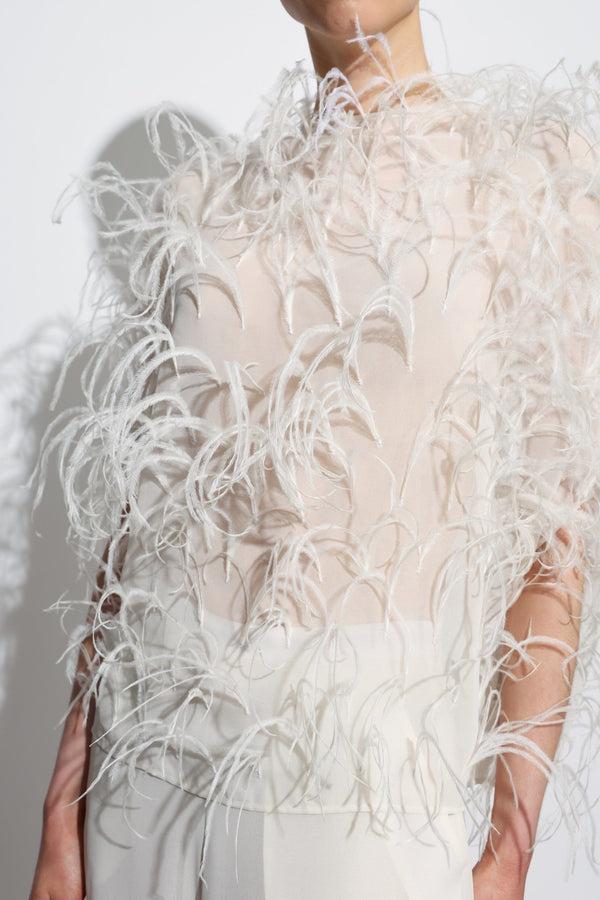Sally Lapointe Lightweight Georgette Cape Tee With Feathers