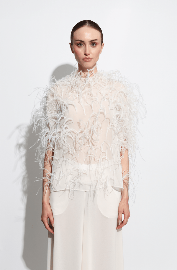 sally lapointe Lightweight Georgette Cape Tee With Feathers