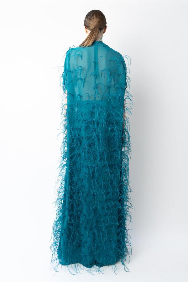 Sally Lapointe Lightweight Georgette Mock Neck Maxi Top With Feathers