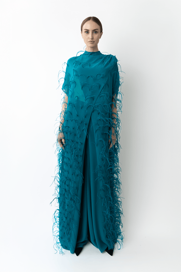 sally lapointe Lightweight Georgette Mock Neck Maxi Top With Feathers