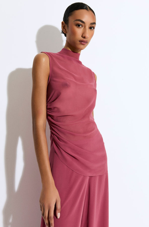 Sally Lapointe Lightweight Georgette Mock Neck Ruched Top