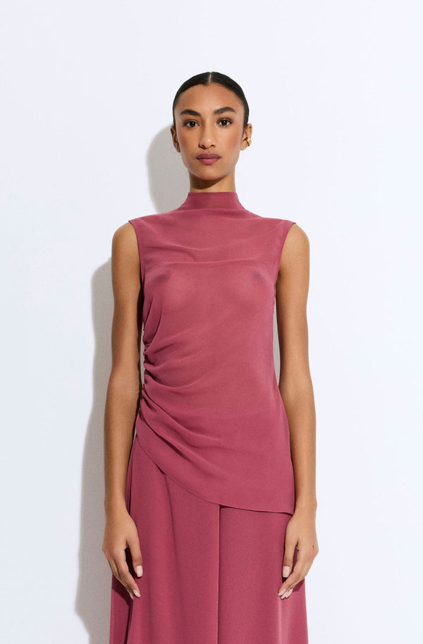 sally lapointe Lightweight Georgette Mock Neck Ruched Top