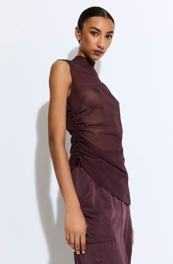 Sally Lapointe Lightweight Georgette Mock Neck Ruched Top