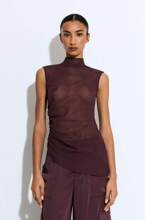 sally lapointe Lightweight Georgette Mock Neck Ruched Top