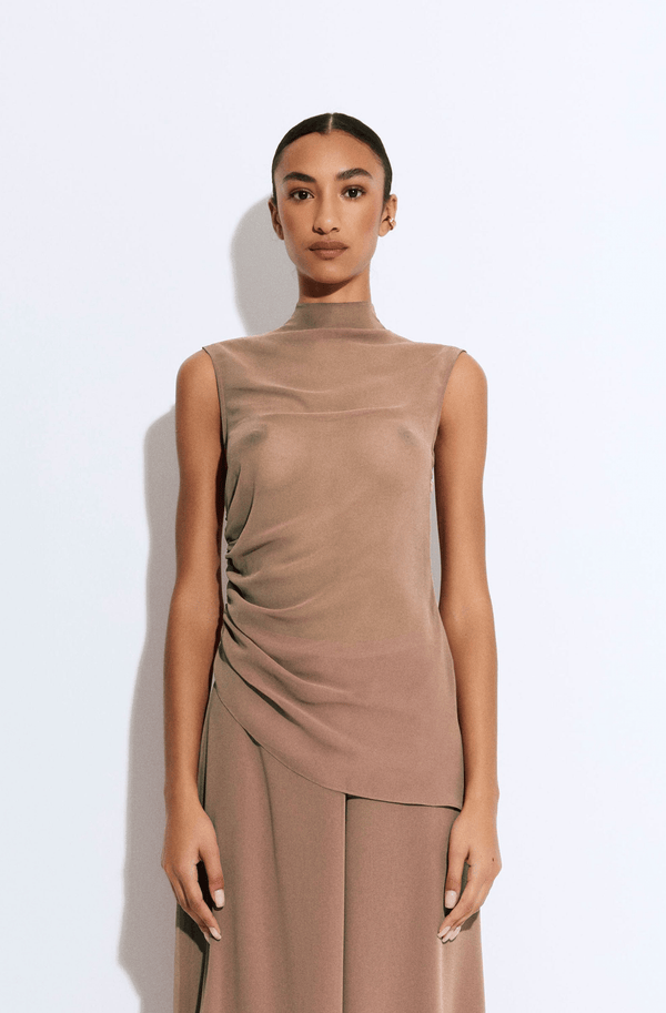 sally lapointe Lightweight Georgette Mock Neck Ruched Top