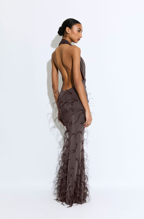 Sally Lapointe Lightweight Jersey Deep Cowl Neck Gown With Feathers