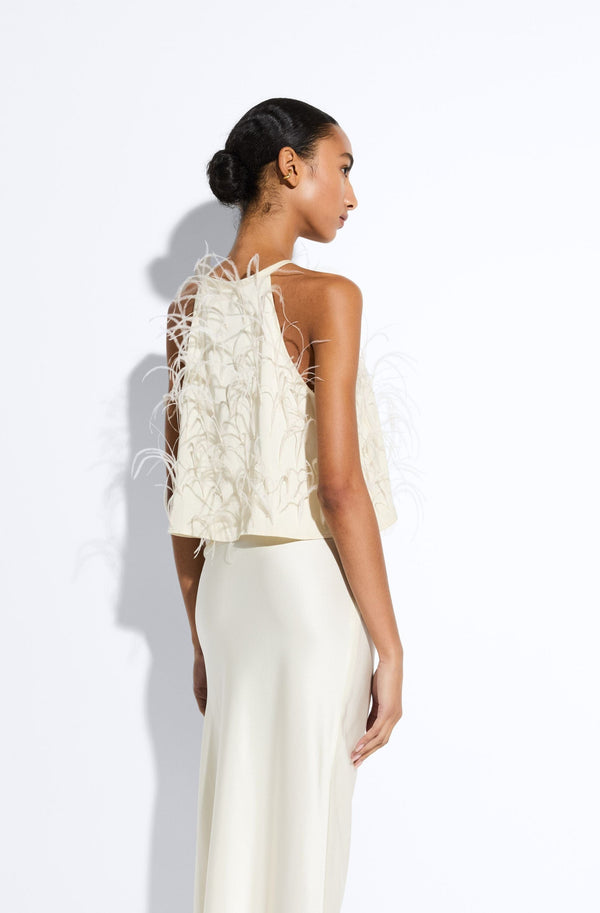 Sally Lapointe Lightweight Satin Halter Cami With Feathers