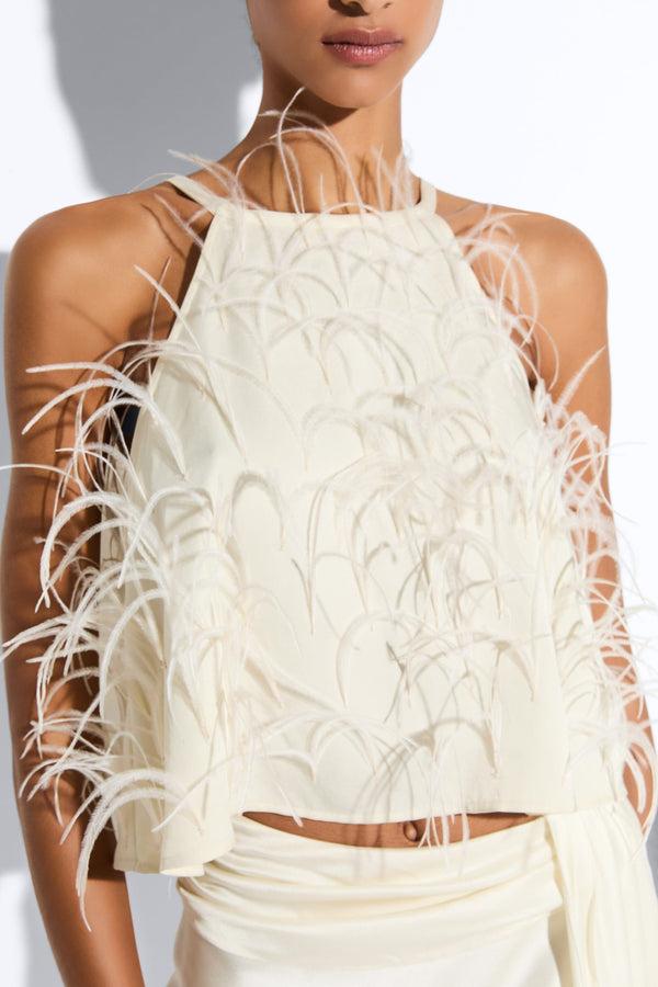 Sally Lapointe Lightweight Satin Halter Cami With Feathers