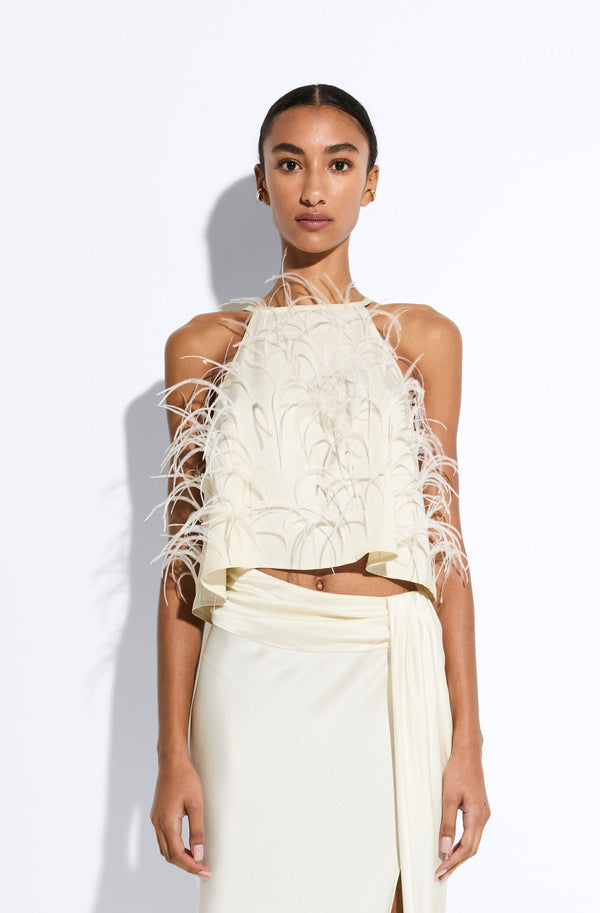 sally lapointe Lightweight Satin Halter Cami With Feathers