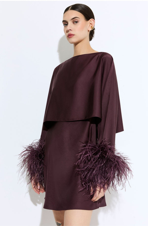 Sally Lapointe Lightweight Satin Layered Mini Dress With Feathers