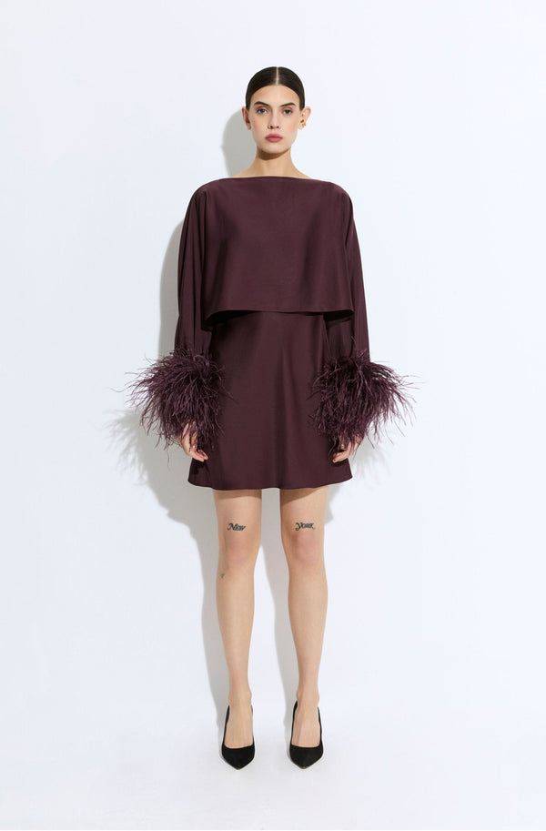 sally lapointe Lightweight Satin Layered Mini Dress With Feathers