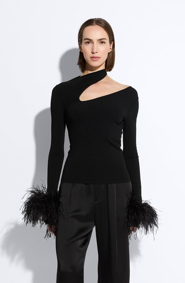 Sally Lapointe Matte Viscose Asymmetric Top With Feathers