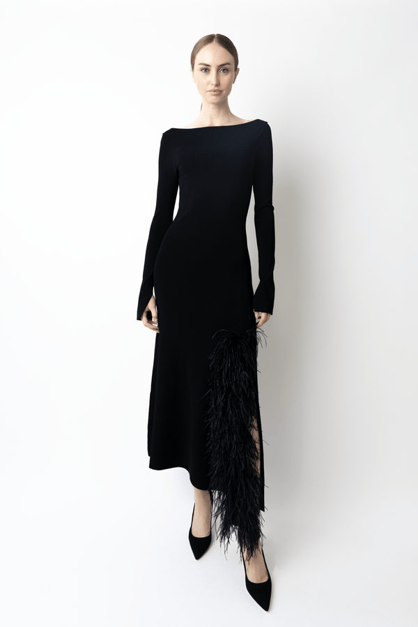 Sally Lapointe Matte Viscose Boatneck Dress With Feathers