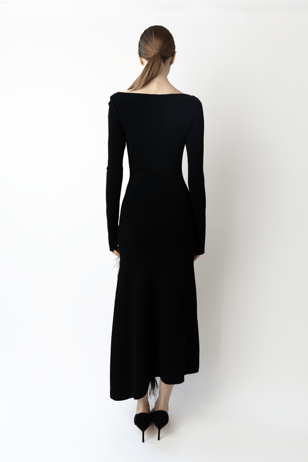 Sally Lapointe Matte Viscose Boatneck Dress With Feathers