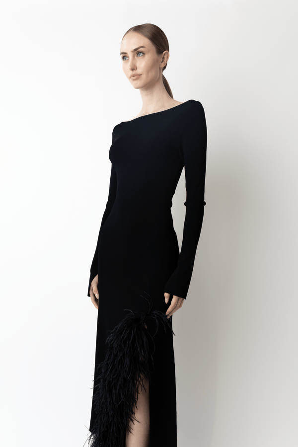 Sally Lapointe Matte Viscose Boatneck Dress With Feathers