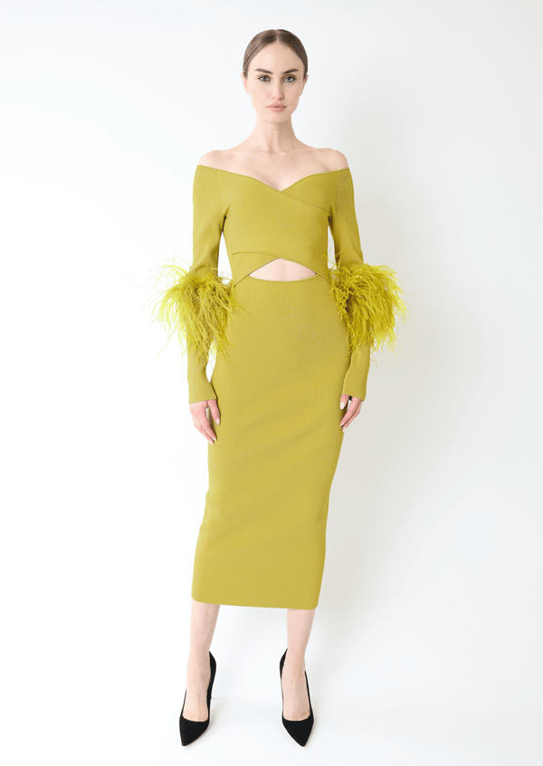 Sally Lapointe Matte Viscose Cross Front Dress With Feathers