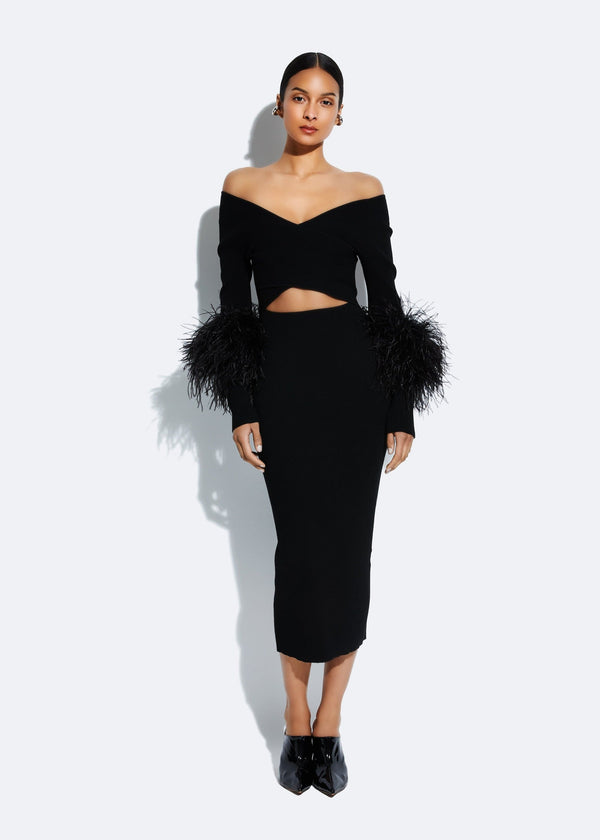 Sally Lapointe Matte Viscose Cross Front Dress With Feathers