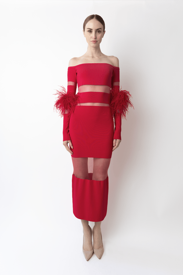 Sally Lapointe Matte Viscose Intarsia Dress With Feathers