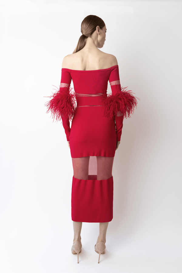 Sally Lapointe Matte Viscose Intarsia Dress With Feathers