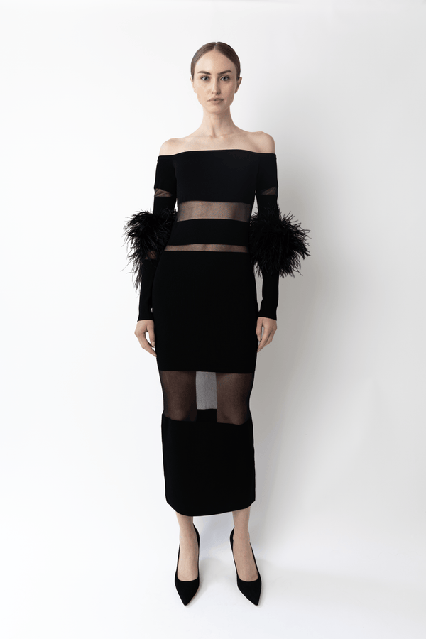 Sally Lapointe Matte Viscose Intarsia Dress With Feathers