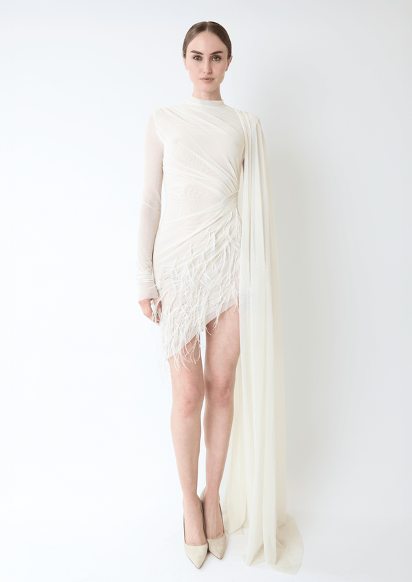 Sally Lapointe Mesh High Neck Cape Dress With Feathers