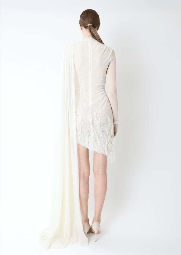 Sally Lapointe Mesh High Neck Cape Dress With Feathers