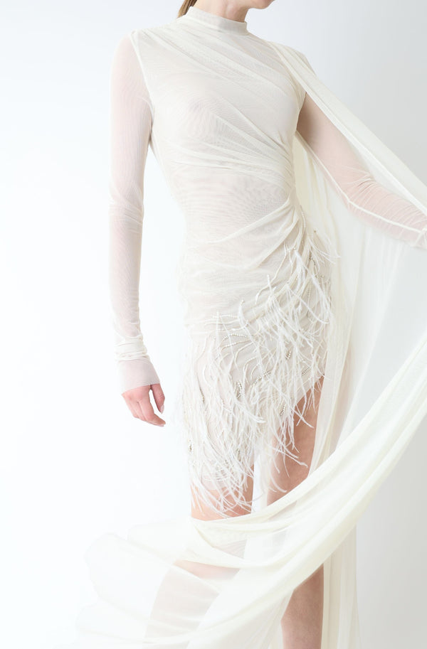 Sally Lapointe Mesh High Neck Cape Dress With Feathers