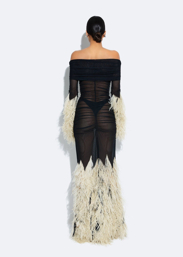 Sally Lapointe Mesh Off The Shoulder Gown With Feathers