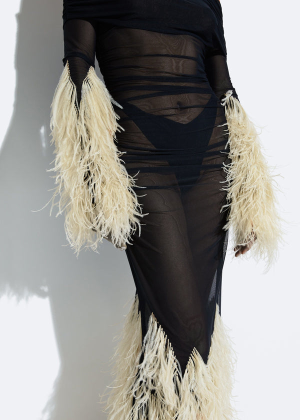 Sally Lapointe Mesh Off The Shoulder Gown With Feathers