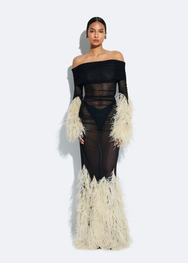 sally lapointe Mesh Off The Shoulder Gown With Feathers