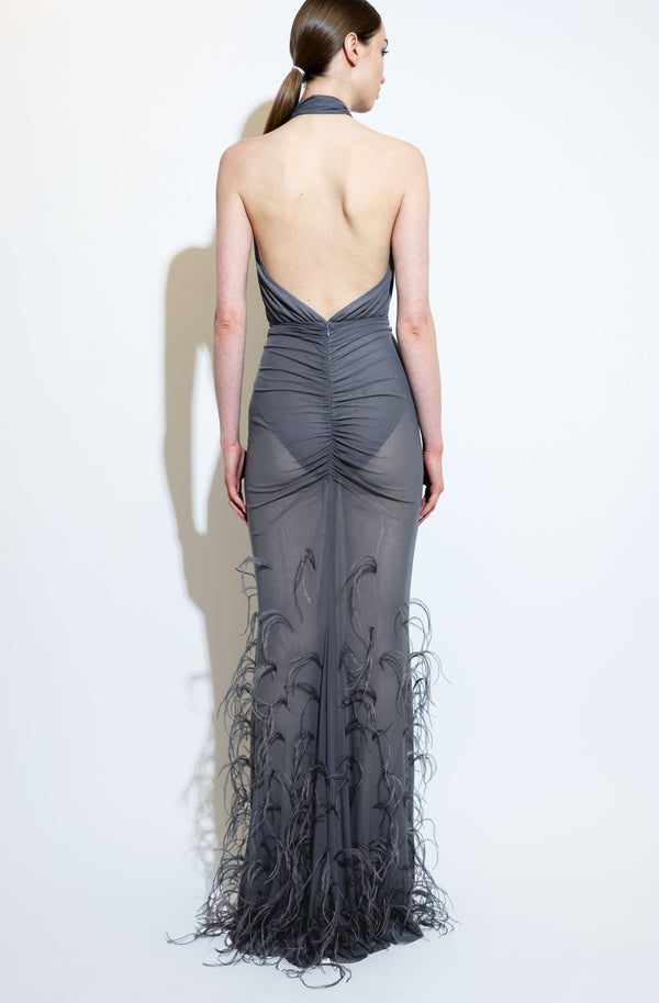 Sally Lapointe Mesh Ruched Maxi Skirt With Feathers