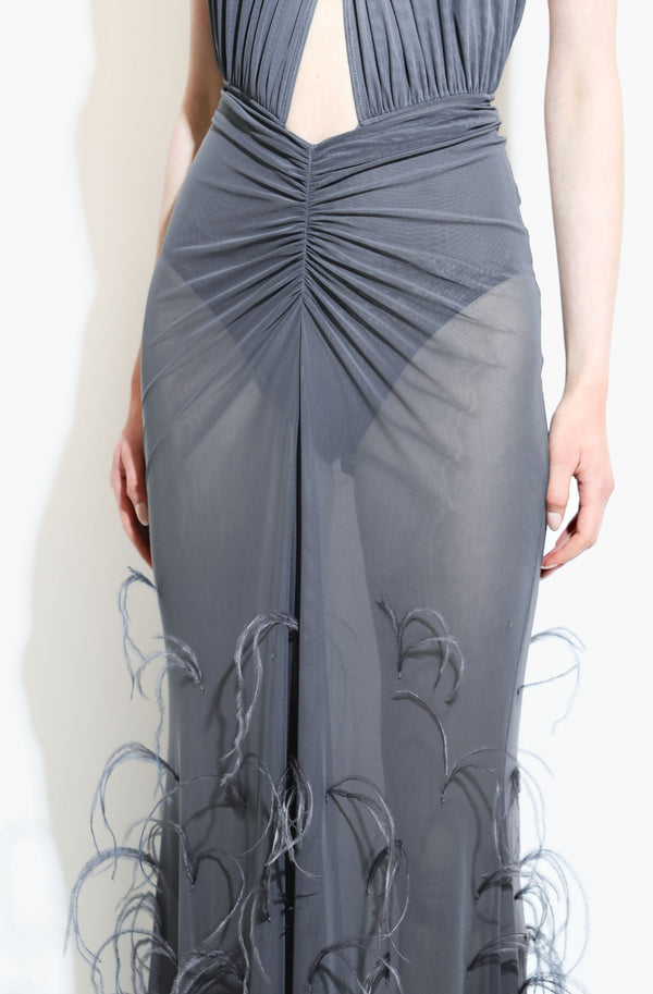 Sally Lapointe Mesh Ruched Maxi Skirt With Feathers