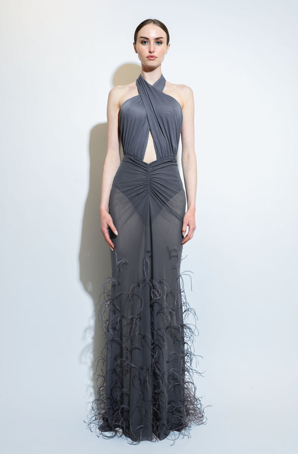 sally lapointe Mesh Ruched Maxi Skirt With Feathers