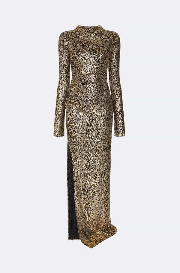 Sally Lapointe Metallic Snake Jersey Long Sleeve Ruched Gown