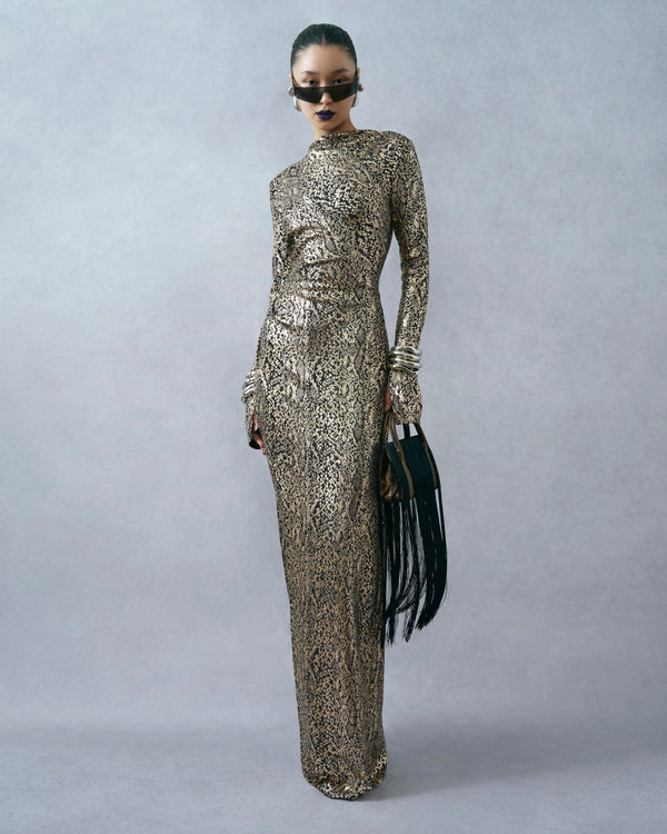 sally lapointe Metallic Snake Jersey Long Sleeve Ruched Gown
