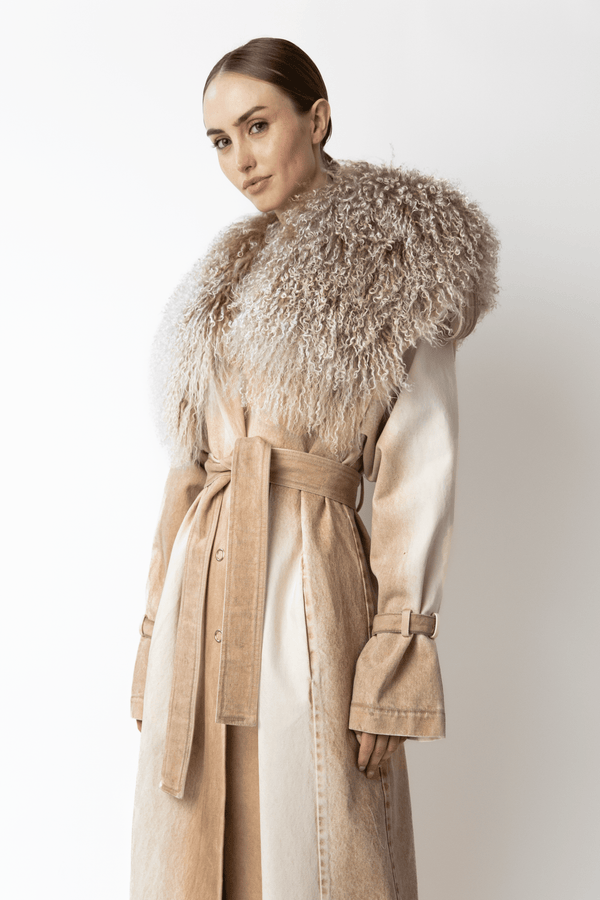 sally Lapointe Pigment Denim Base Relaxed Trench With Shearling