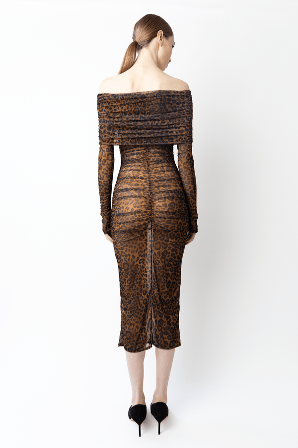 Sally Lapointe Printed Mesh Off Shoulder Midi Dress