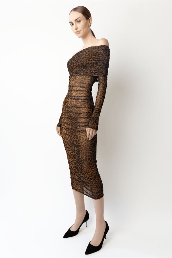 Sally Lapointe Printed Mesh Off Shoulder Midi Dress