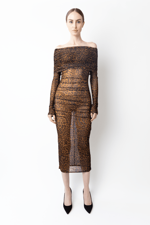 sally lapointe Printed Mesh Off Shoulder Midi Dress