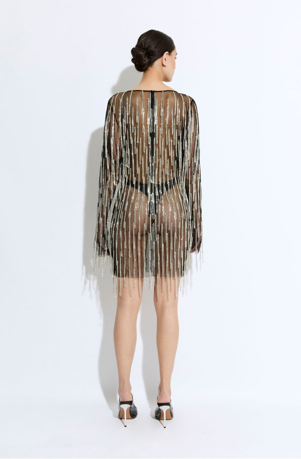Sally Lapointe Rhinestone Fringe Boatneck Mini Dress