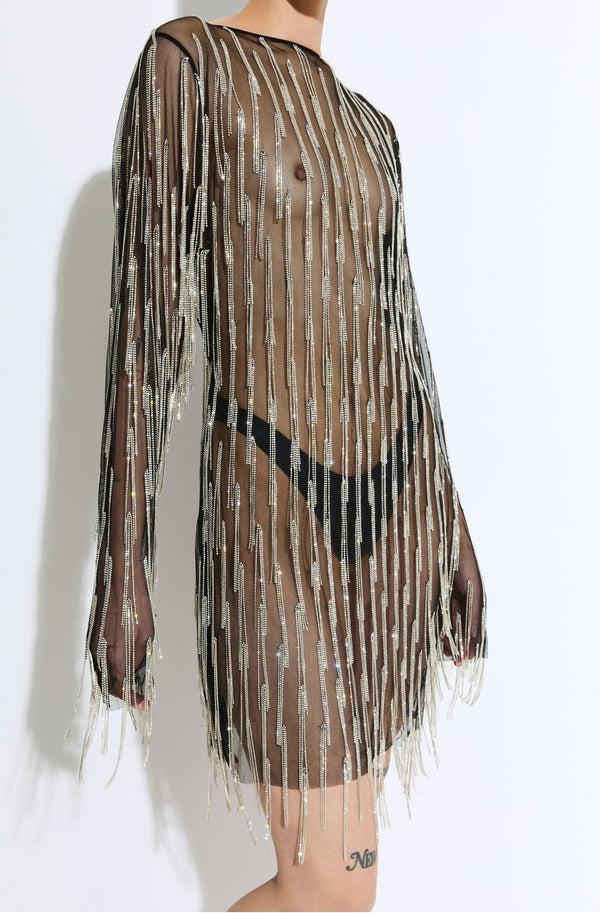 Sally Lapointe Rhinestone Fringe Boatneck Mini Dress